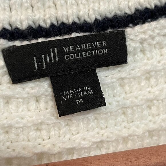 J. Jill Sz M Sweater Chucky Knit Pockets Cream Navy Button Up Crew Neck - Picture 3 of 9